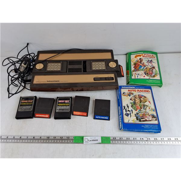 Intellivision Gaming Console & Assorted Game Cartridges - Auto Racing, Astrosmash, Mouse Trap, Misc