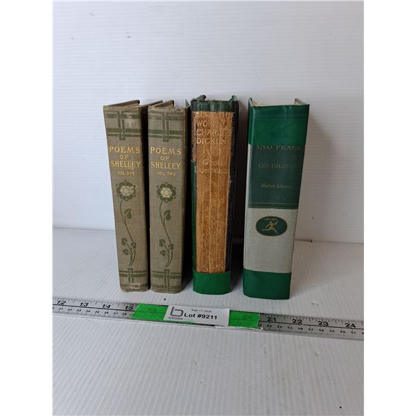 (4) Approximately Antique Books- Poems of Shelley, Great Expectations, War and Peace