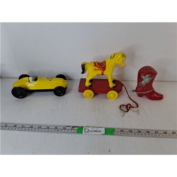 Plastic Cowboy Boot Coinbank, Toy Pullhorse & Windup Racecar
