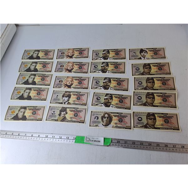 (20) U.S. Artificial Bills- Elvis Presley, Marilyn Monroe, The Beatles, Misc.