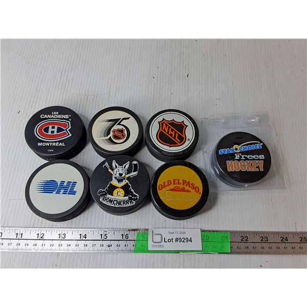 (7) Hockey Pucks- Don Cherry, NHL, OHL, Misc.