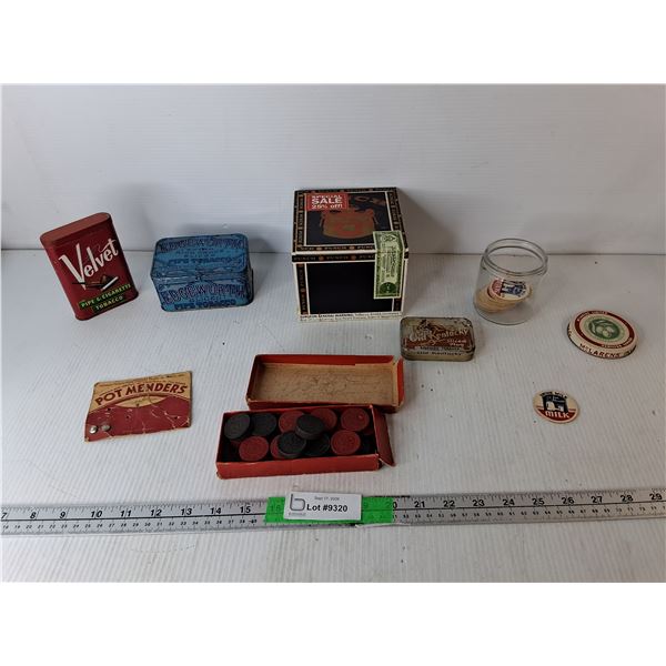 Vintage Tobacco Tins, Checkers, Drink Milk Cardboard Caps, Misc.