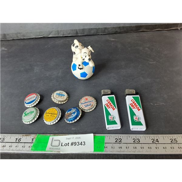 Bottle Cap Style Pins, Canada Dry Lighters, Dalmations Toy- Can't Ship
