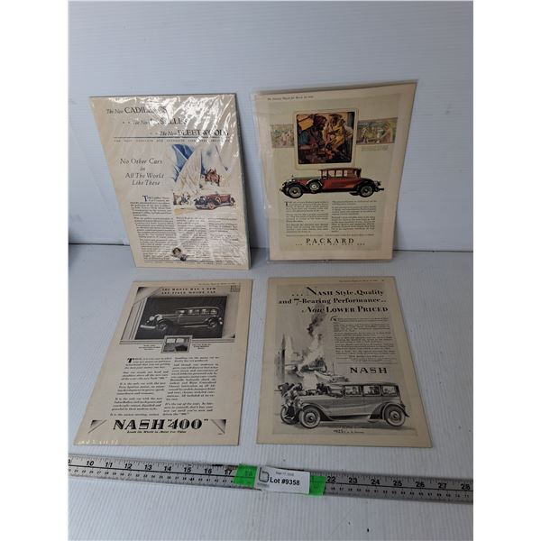 (4) Antique Car Ad Pages - Nash, Cadillac, Packard