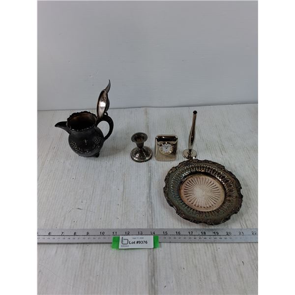 Small Plate with Pierced Sides, Standing Clock As-Is, Candlestick, Metal Pitcher, Bud Vase