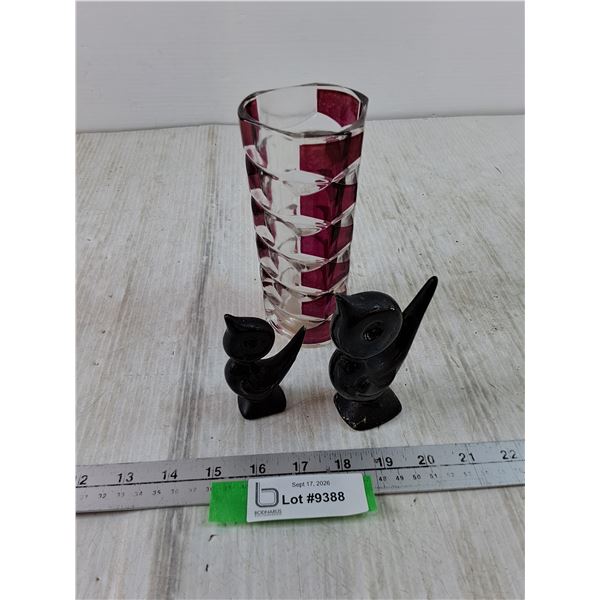 (2) Small Black Bird Sculptures, (1) Pink and Clear Glass Vase