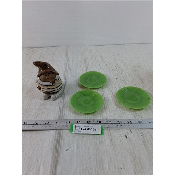 Small Ceramic Garden Gnome and (3) Small Green Glass Plates