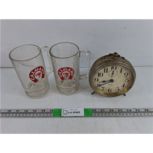 Calgary Glass Coffee Mugs, Westclox Big Ben Desk Clock - As Is