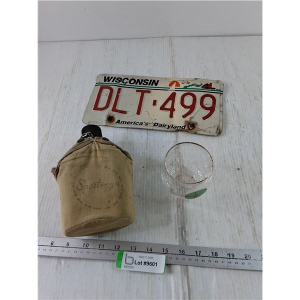 Wisconsin Liscense Plate, Sportsman Metal Water Canteen, Kohler Furniture Cup
