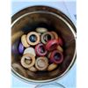 Image 12 : Toy Grain Cart, Perfect Seal Jar, (2) Tobacco Tins, Doll Head, Wooden Rings