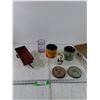 Image 1 : Toy Grain Cart, Perfect Seal Jar, (2) Tobacco Tins, Doll Head, Wooden Rings