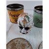 Image 6 : Toy Grain Cart, Perfect Seal Jar, (2) Tobacco Tins, Doll Head, Wooden Rings
