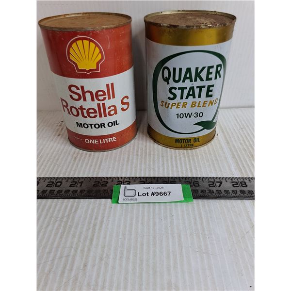 (2) Cans of Motor Oil - Shell, Quaker State, Full-Cannot Ship