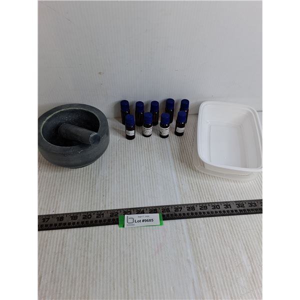 Our Table Mortar & Pestle Stoneware & (9) Assorted Essential Oils