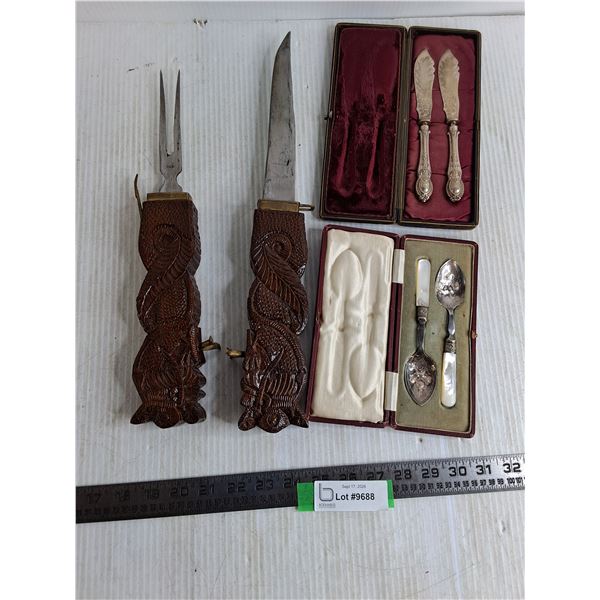 India Dragon Carving Set, EPNS LV Teaspoons, JE&SS EP Butter Spreaders