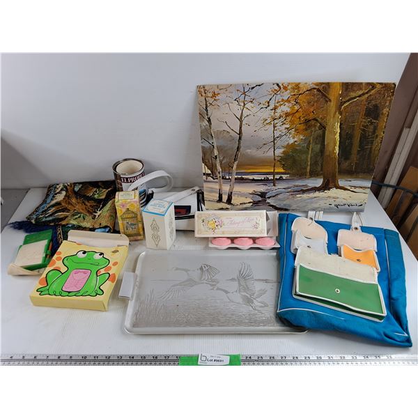 Metal Serving Tray, Robert Wood Print 20" x 16" , Vintage Purse, Avon Boxes, Soap, Misc