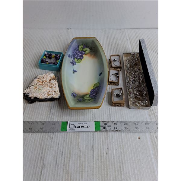 Natural Stone Paperweight,Antique Noritake Celery Dish,Amethyst Bracelet and (3) Rings,Crystal/Art J