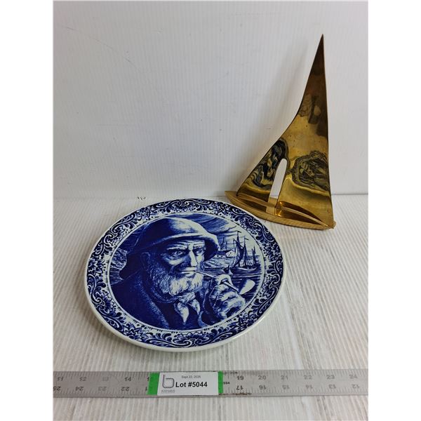 Delft-Boch Freres Belgium Plate Featuring Old Sailor, Brass Sailing Ship