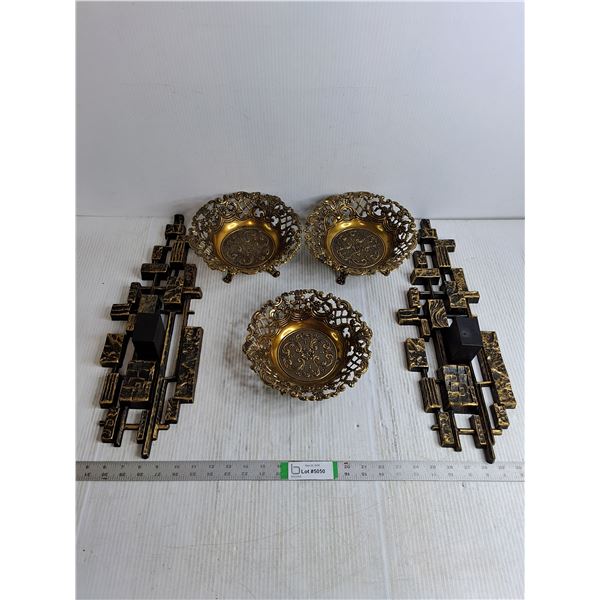 (3) Filigree Brass Bowls,(2) Mid-Century Wall Sconces