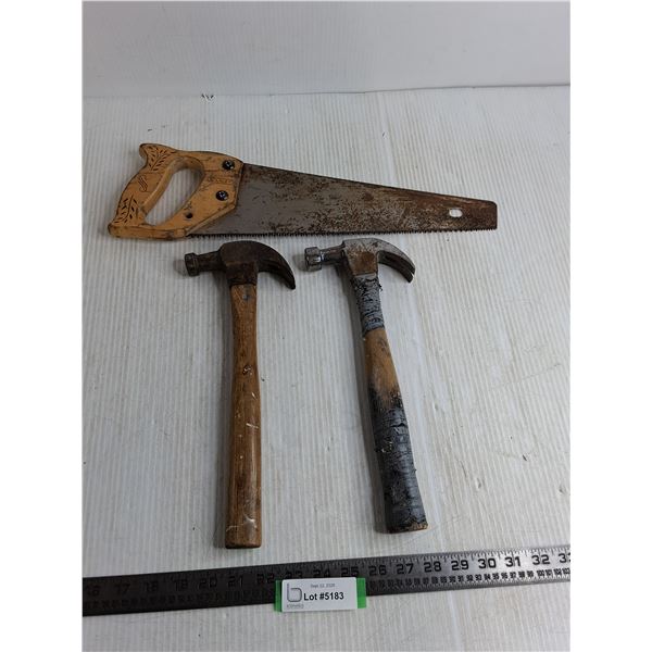 Stanley 18" Hand Saw, (2) Claw Hammers
