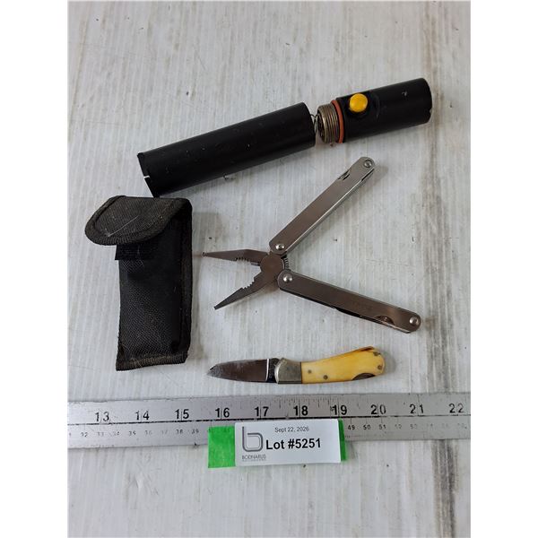 Great Western Brewing Folding Pliers, Small Folding Knife, Metal Flashlight Untested As-Is