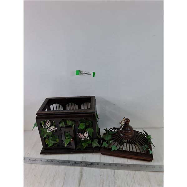 Decorative Dark Wooden Cage with Artificial Vine and Butterfly Decoration