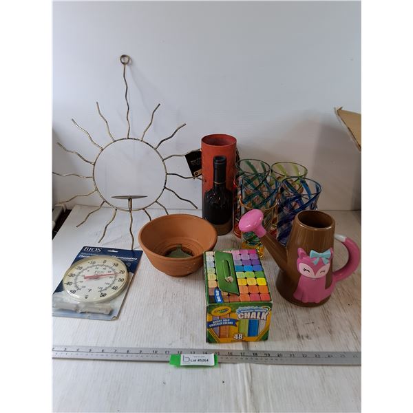 Indoor/Outdoor Thermometer, Sidewalk Chalk, Watering Can, Plant Pot, Wine Carrier, (8) Plastic Cups,