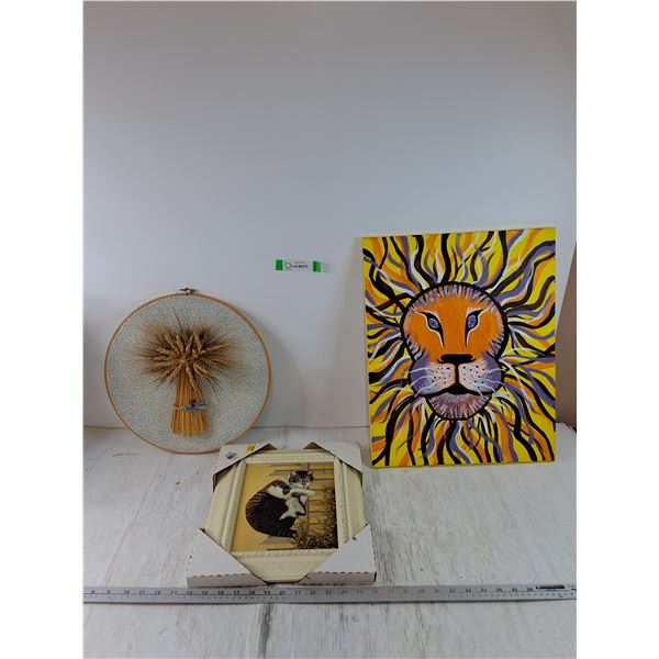 Wall Art With Real Wheat, Cat Painting Print, Lion Painting