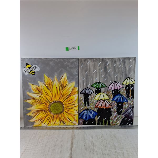 Painting of Bee with Flower and Rainy Day Both 16" x 20"