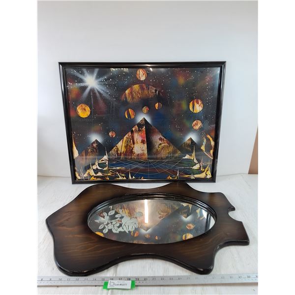 Mirror With Wood Frame and Pyramids At Night Painting 29" x 23"