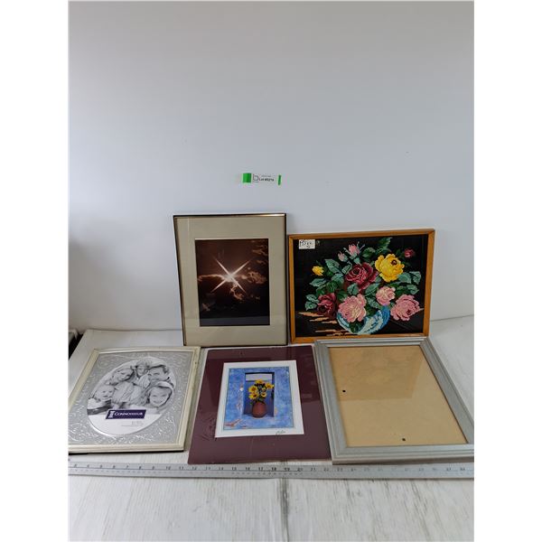 Picture of Sun & Clouds, Dot Painting of Flower Pot, Painting Print of Flower Vase, (2) Picture Fram