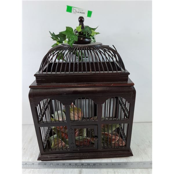 Dark Wood Decorative Birdcage With Artificial Plant Decor Inside