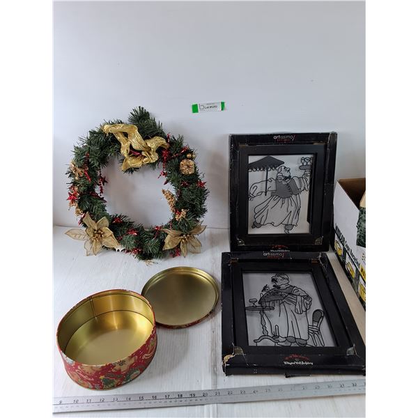 Christmas Wreath, Cookie Tin, Two Artissimo Wall Arts of Waiters