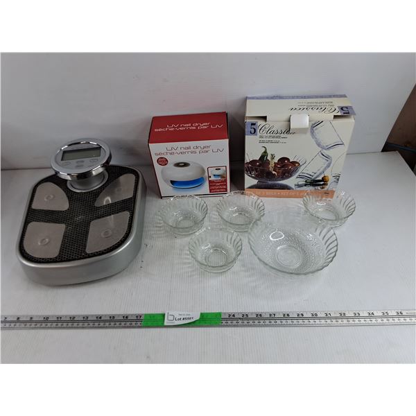 Alfred Sung Home Body Scale, As Is, UV Nail Dryer - New, Classica Glass Serving Bowls