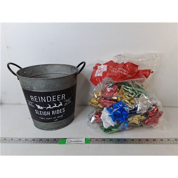 Christmas Lot- Tin Pail 8.75" & Bows