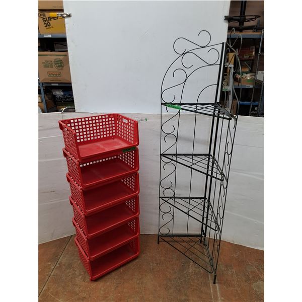 *(6) Red Stacking Bins, Green Metal Folding Corner Shelf with (4) Levels No Shipping