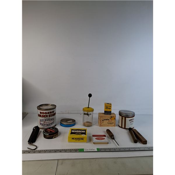 Vintage Tin Cans, Fish Weigh Scale, Misc