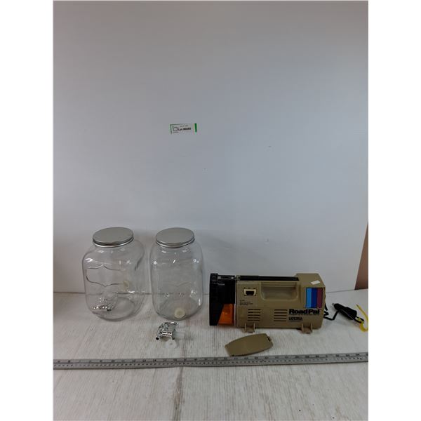 (2) Glassware Jars with Spout Ports, Spouts, (1) Roadpal Emergency Car Air Compressor Untested As-Is