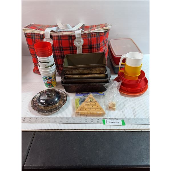 Assorted Cups, Plates, Ovenware, Containers, Jump Game, Cooler Bag