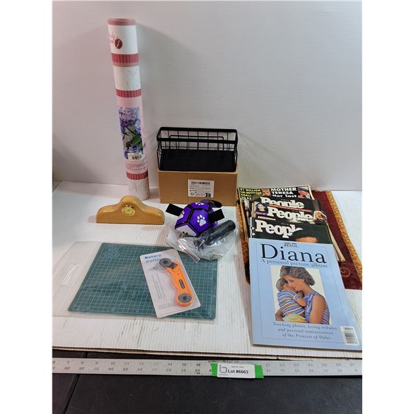 Assorted Magazines, Tabletop Clock, Placemats, Rotary Cutter, Painting Canvas, Misc