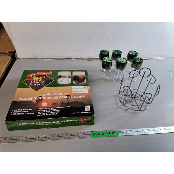 (6) Liquor Glasses, Metal Caddy & John Deere Christmas Lights- Power On