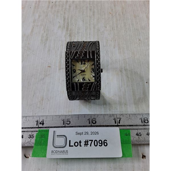 Square Faced Quartz Bangle Watch, Dark Metal with Pink Highlights, Works