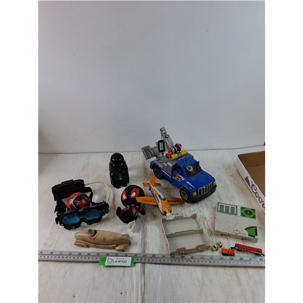 Toy Metal Plane, Rubber Car Body, Goggles, Spiderman Ball & Toy, Darth Vader Flashlight As-Is, Misc