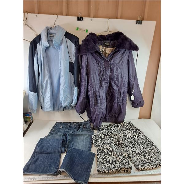 (2) Autumn/Winter Jackets Women's Size 8 and 1XL, (2) Pairs of Pants Size 25 and Unknown
