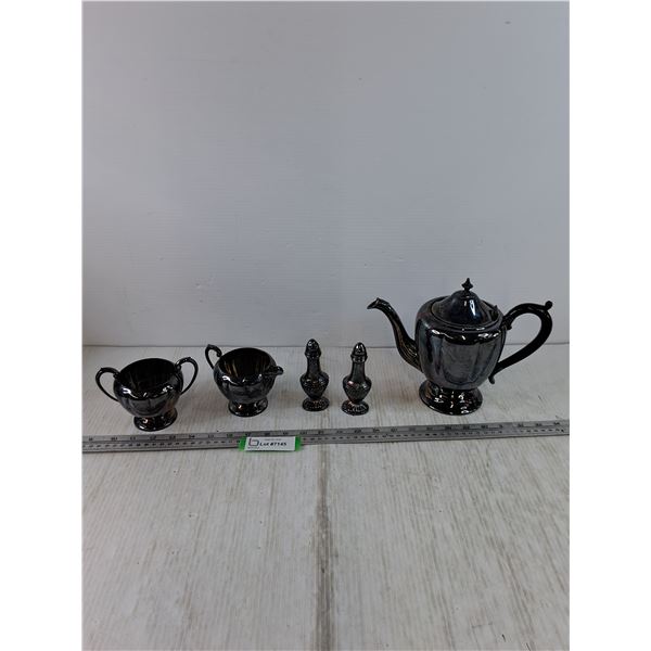 Tea Set, Pot, Sugar Cup, Cream Pitcher, Spice and Vinegar Shakers, Marlboro Electro-Plated Copper