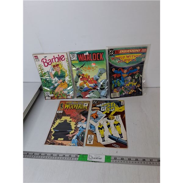 (5) DC/Marvel Comics- Barbie, Wolverine, Booster Gold, Misc.