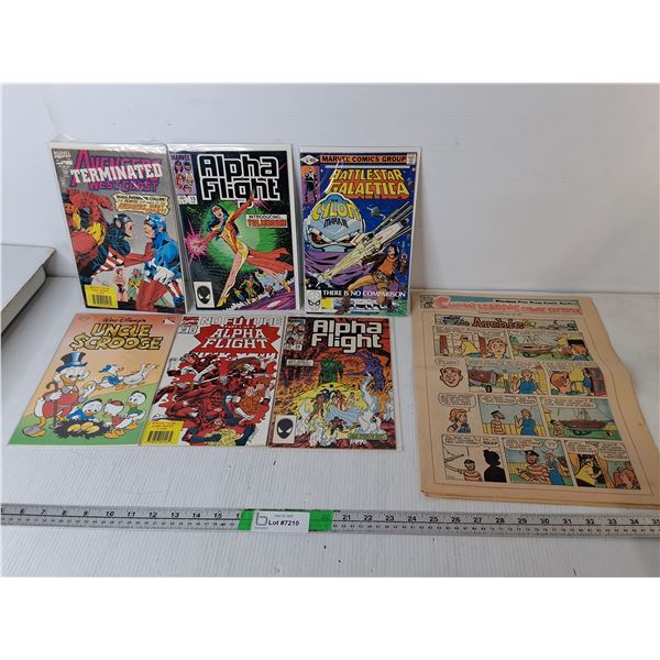 (6) Mostly Marvel Comics- Alpha Flight, Uncle Scrooge, Battlestar Galactica, Misc. & Winnipeg Free P