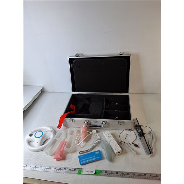 Metal Storage Case & Wii Accessories- Sensor Bar, Remote, Wheel, Misc.