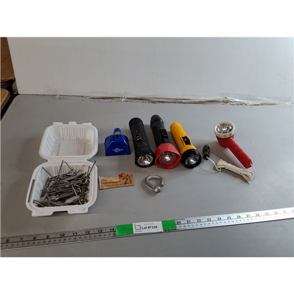 (4) Flashlights- As Is, 2.5" Finishing Nails, Dakota Dunes Bell