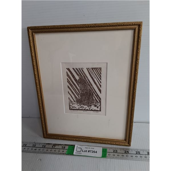 Framed Linocut Cat Art 11" x 9"
